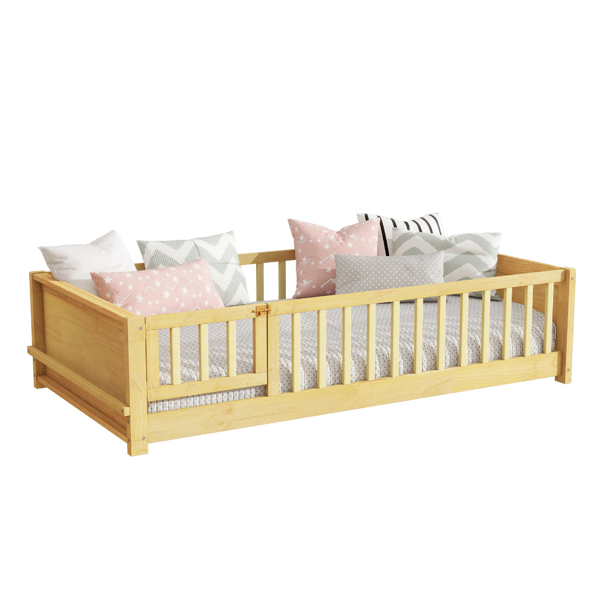 Twin Floor Bed with Fence Door and Wood Slats