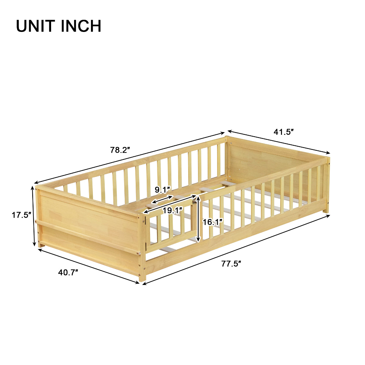 A wooden crib or toddler bed frame shown on a white background with dimension lines and measurements in inches, including 78.2 inches length, 41.