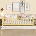 Children's bed with a wooden frame in a room with framed pictures on the wall.