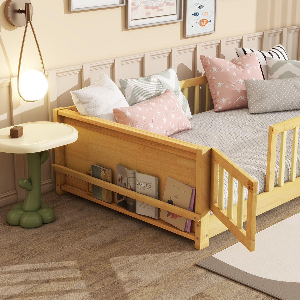 Wooden children's bed with books and pillows in a room setting