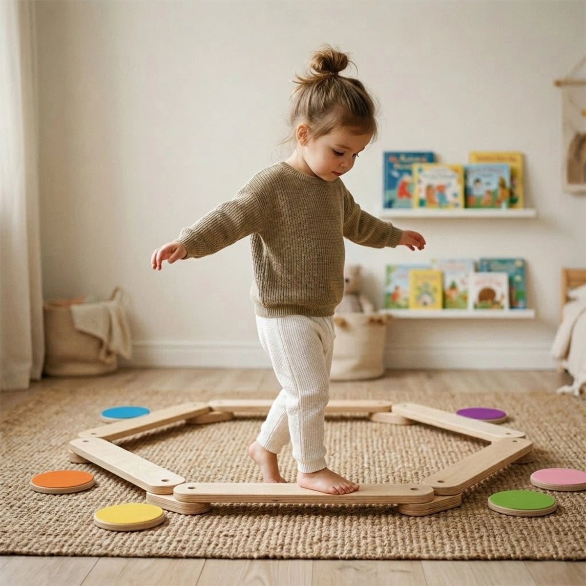 A focused young toddler girl with a messy bun, wearing a cozy olive green sweater and cream waffle-knit pants, is barefoot and carefully walking along a closed hexagonal wooden balance beam set up on a woven sisal rug in a cozy, bright playroom. She holds her arms out to maintain her balance, illustrating the development of gross motor skills and coordination. Six colorful circular felt-topped stepping stones are placed just outside the wooden hexagon. A bookshelf filled with children's books and a soft toy