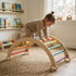A toddler girl wearing a beige ribbed outfit actively crawls over a wooden Montessori climbing arch with bright rainbow-colored rungs. The sturdy indoor playset rests on a woven rug in a sunlit, cozy playroom with a wooden bookshelf in the background.