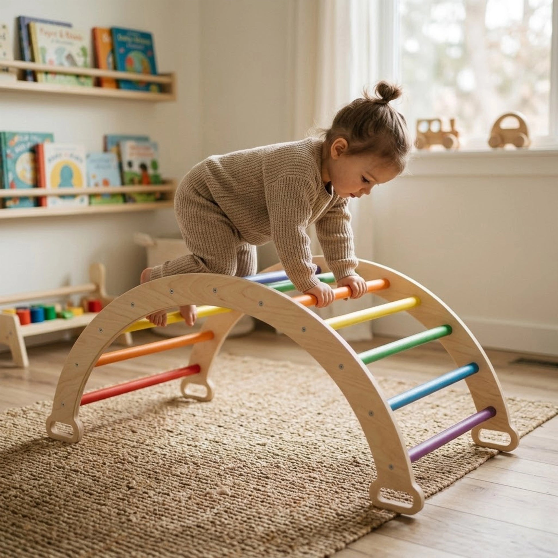 A toddler girl wearing a beige ribbed outfit actively crawls over a wooden Montessori climbing arch with bright rainbow-colored rungs. The sturdy indoor playset rests on a woven rug in a sunlit, cozy playroom with a wooden bookshelf in the background.