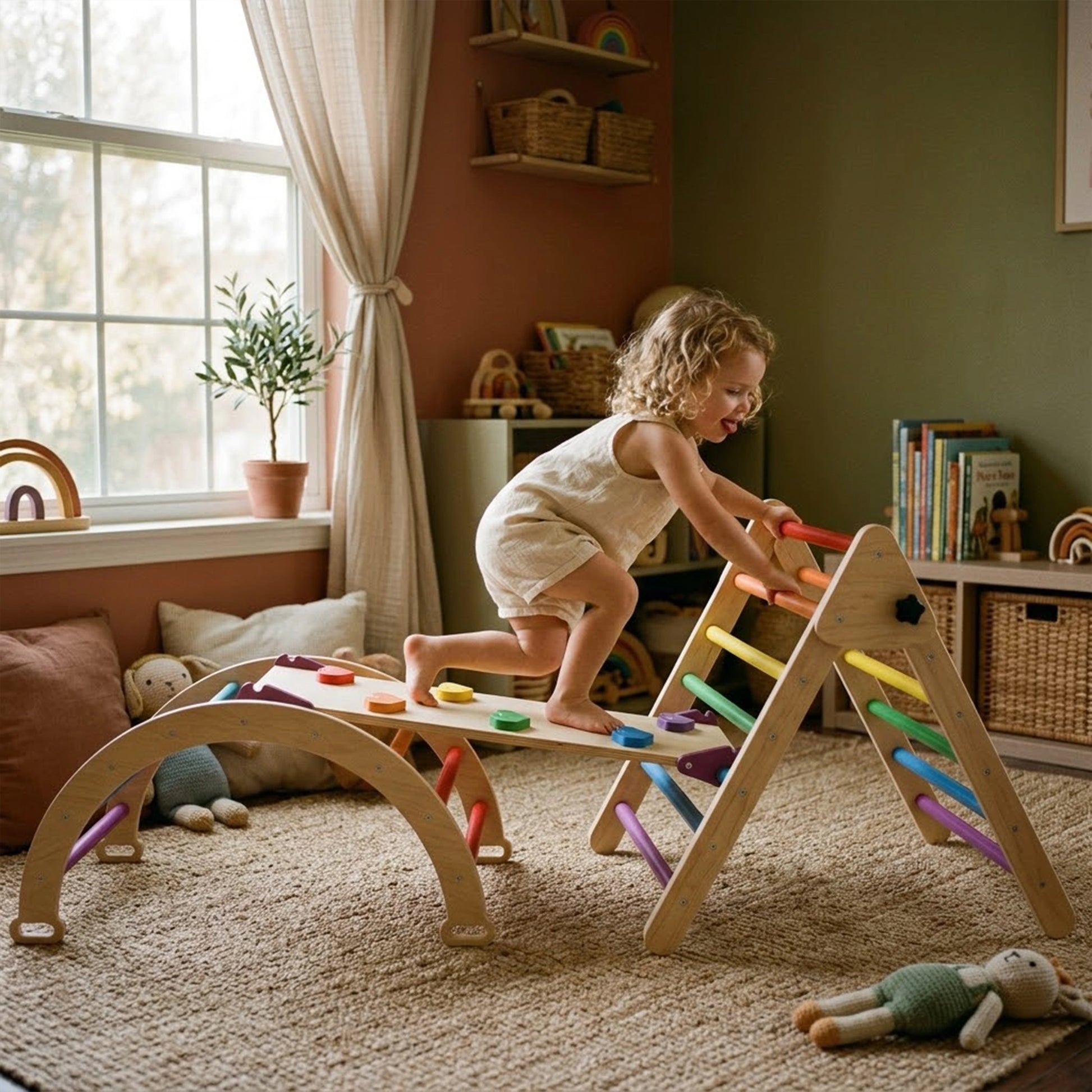 A curly-haired toddler girl actively balancing and crawling across the reversible wooden rock ramp that connects a Montessori climbing arch and a Pikler triangle. The sturdy playset features pastel rainbow rungs and is set up on a woven rug in a cozy, earth-toned playroom.