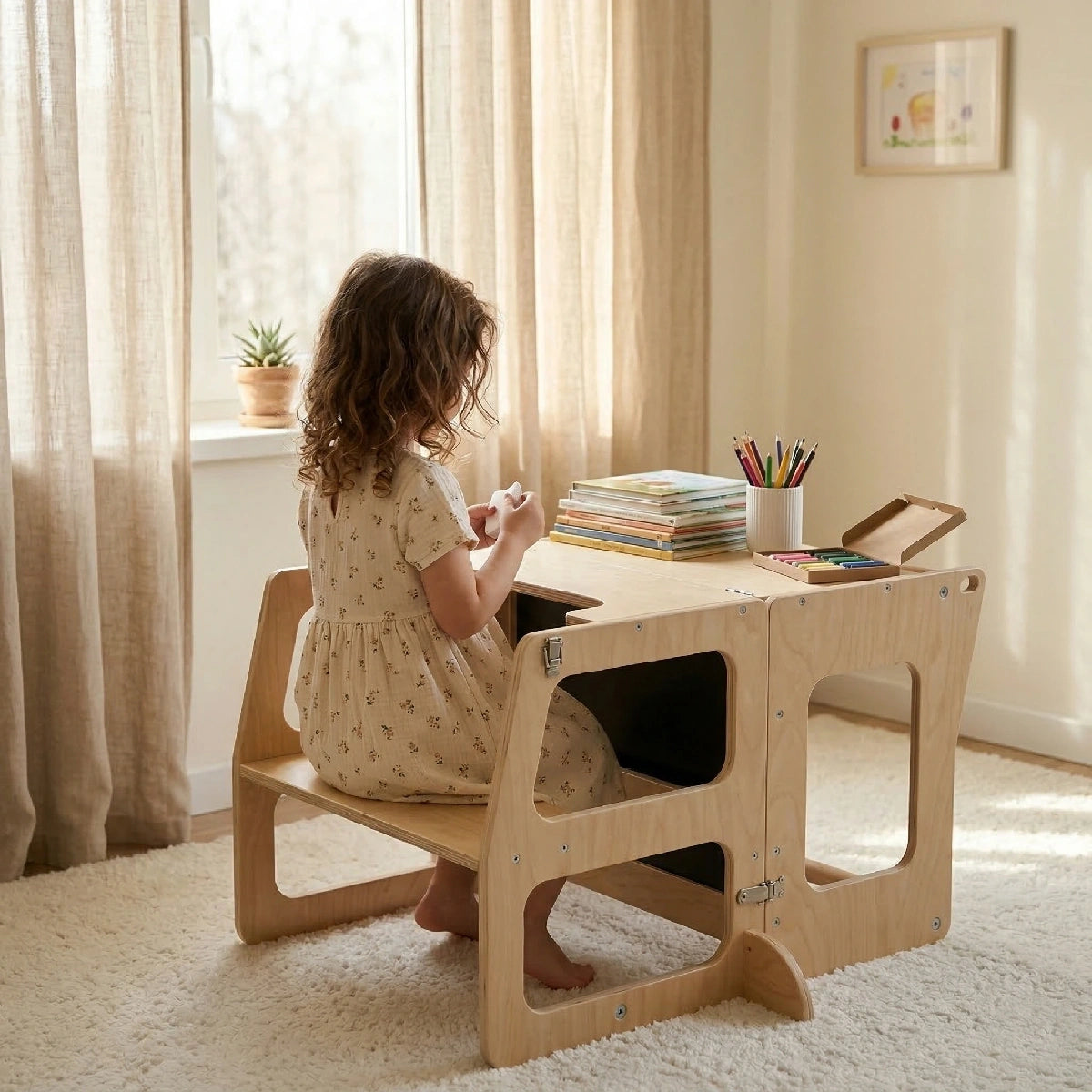 A young girl with curly hair sits at the Hicooo convertible wooden desk in a sunlit room, drawing with crayons. Books and art supplies are neatly arranged on the desk's flat surface.