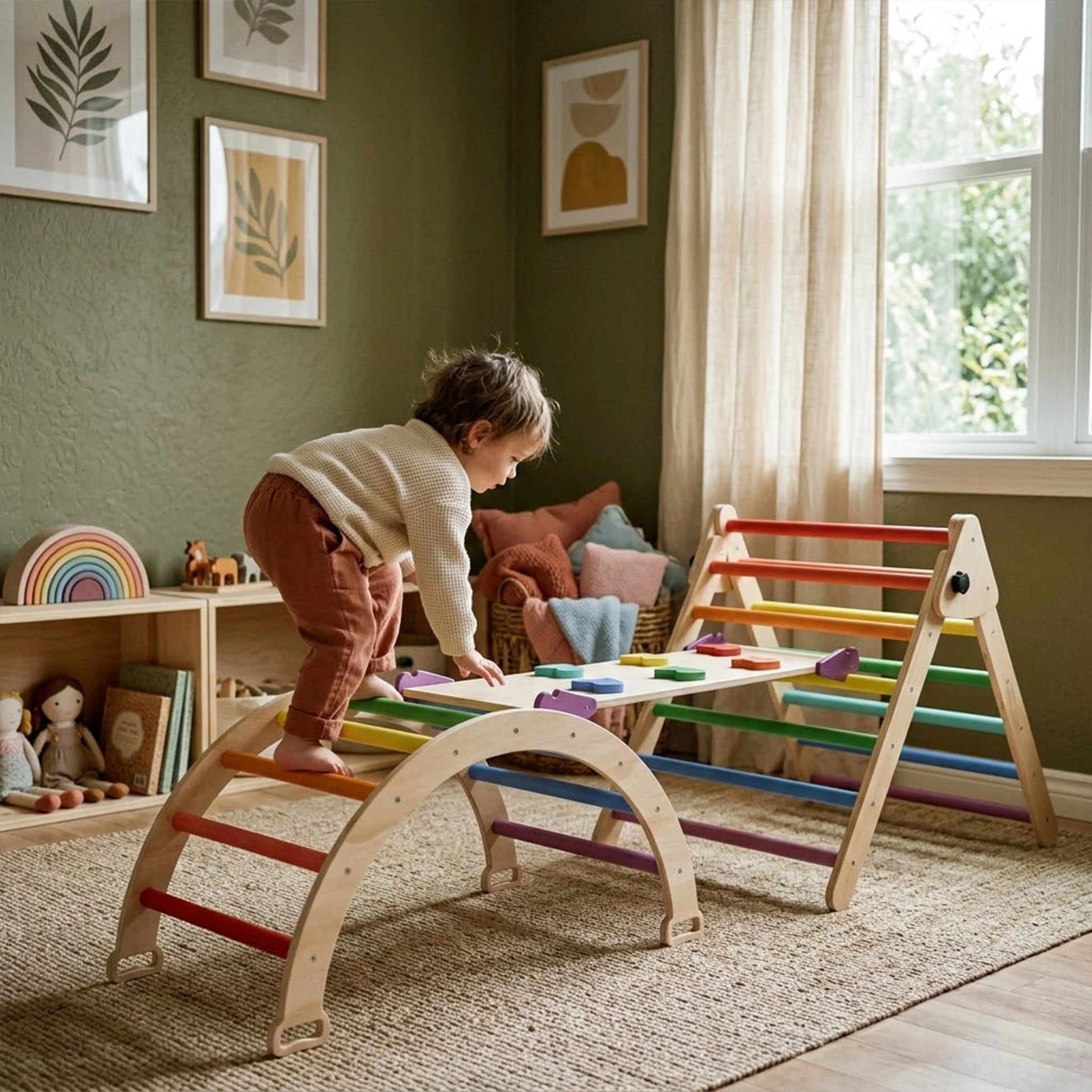 A focused toddler girl in a beige ribbed outfit lies on her stomach on a wooden reversible ramp. She is looking at and touching the colorful rock climbing holds on the ramp, which is securely connected to a Montessori climbing arch with pastel rainbow rungs. The scene is set in a sunny playroom on a woven rug.