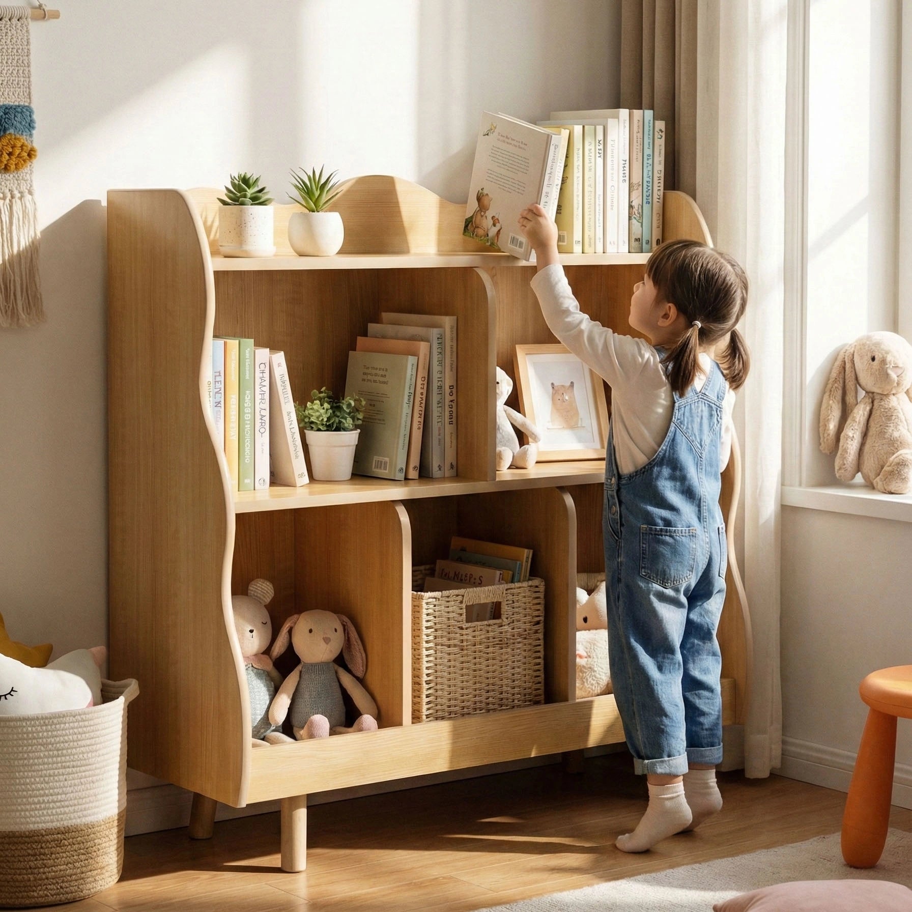 A toddler girl reaching up to pick a book from the top shelf of a wooden kids' bookshelf with wavy edges. Demonstrates the accessible height of this Montessori toy organizer.