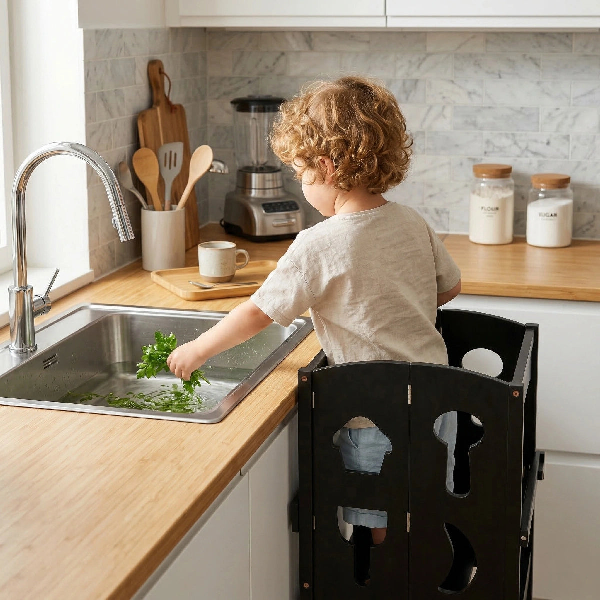 A young child with curly hair stands safely in a black wooden toddler tower at a kitchen counter, washing green herbs in a stainless steel sink.