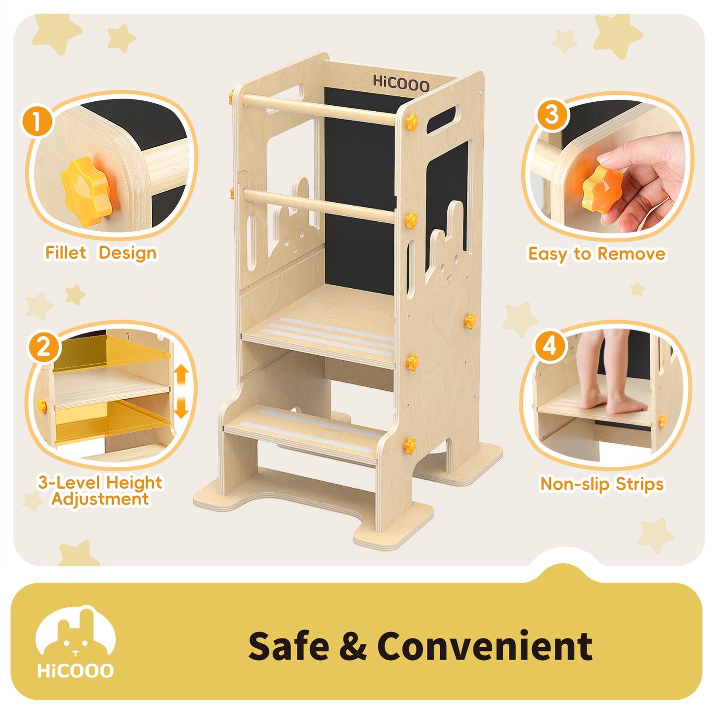Toddler Standing Kitchen Tower with Blackboard, Height Adjustable Safety Rail Stool for Kids