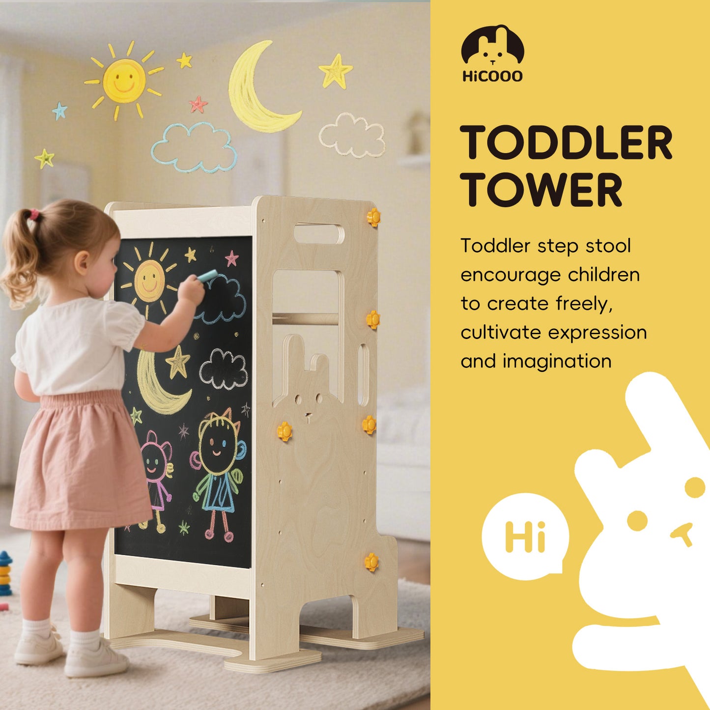 Toddler Standing Kitchen Tower with Blackboard, Height Adjustable Safety Rail Stool for Kids