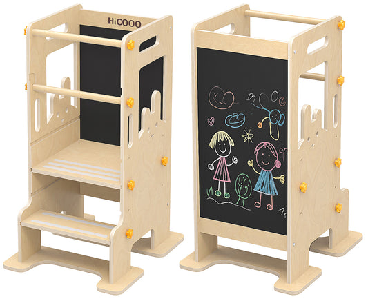 Toddler Standing Kitchen Tower with Blackboard, Height Adjustable Safety Rail Stool for Kids