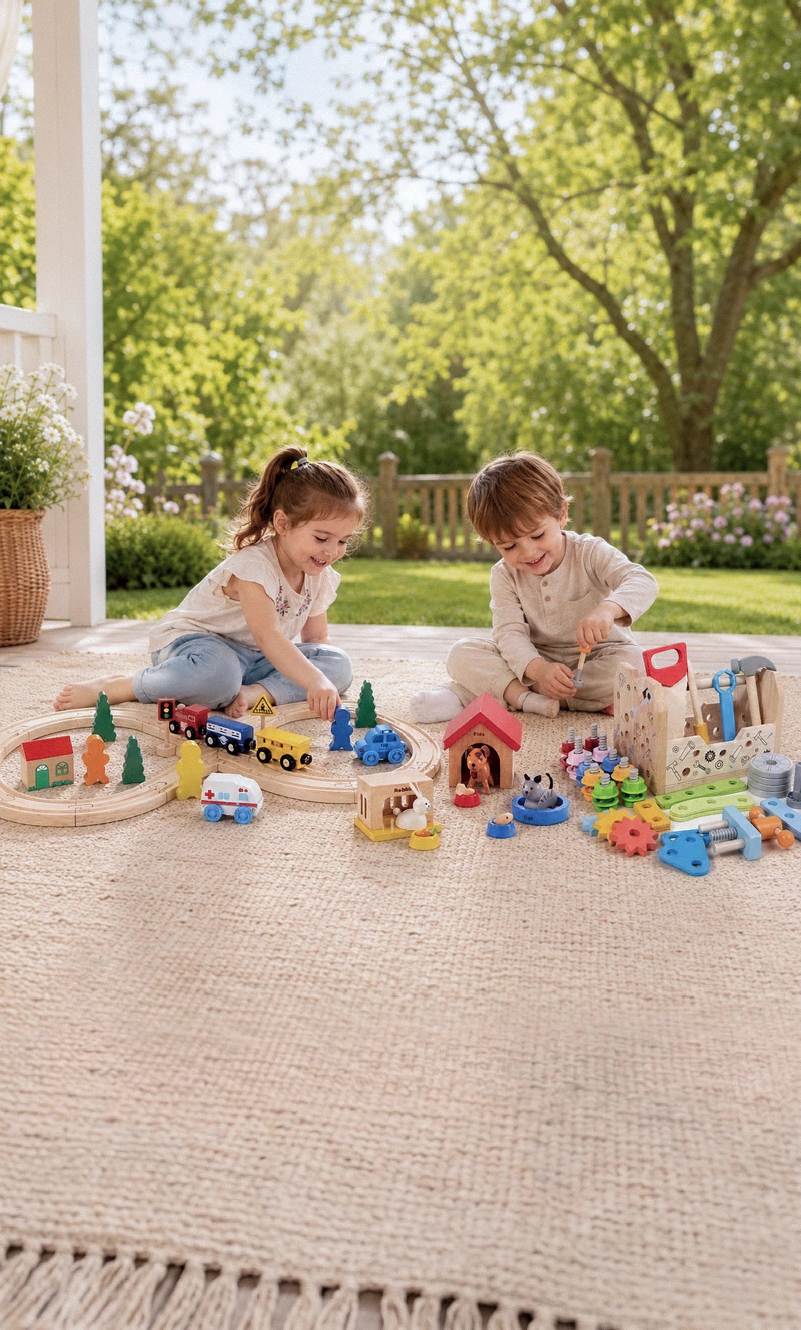 A young boy and girl sitting on an outdoor patio playing with a variety of colorful wooden toys, including a train set, a tool kit, and small animal houses.