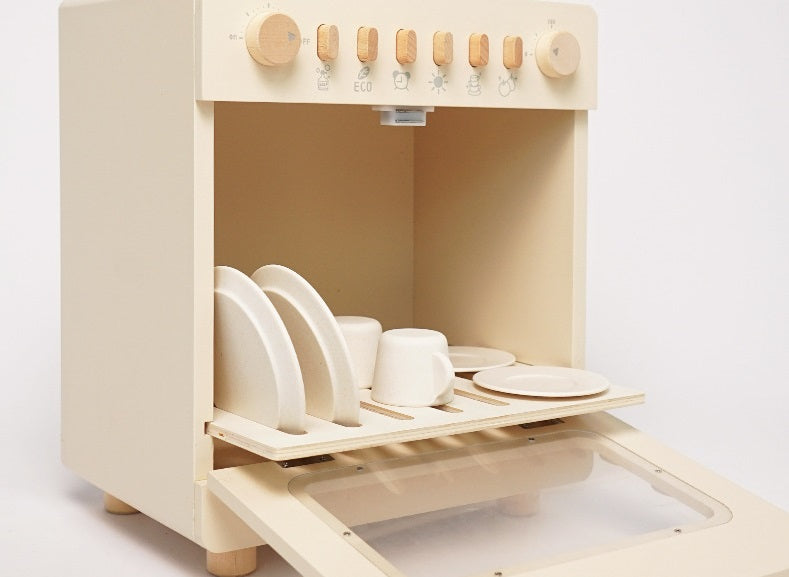 Wooden Dishwasher Pretend Play Kitchen Appliance with Dish Accessories
