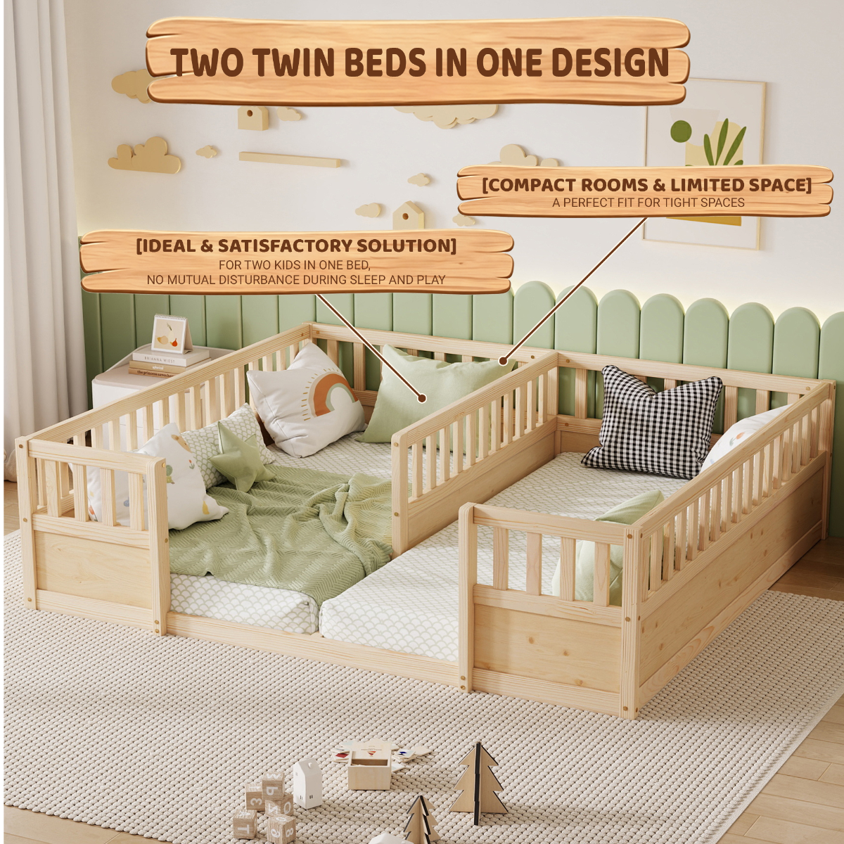 A light natural wood twin bed frame with built-in guard rails and side panels, shown in a styled children's bedroom. The bed is dressed in green bedding and white pillows, with two smaller twin beds merged into one larger bed unit.