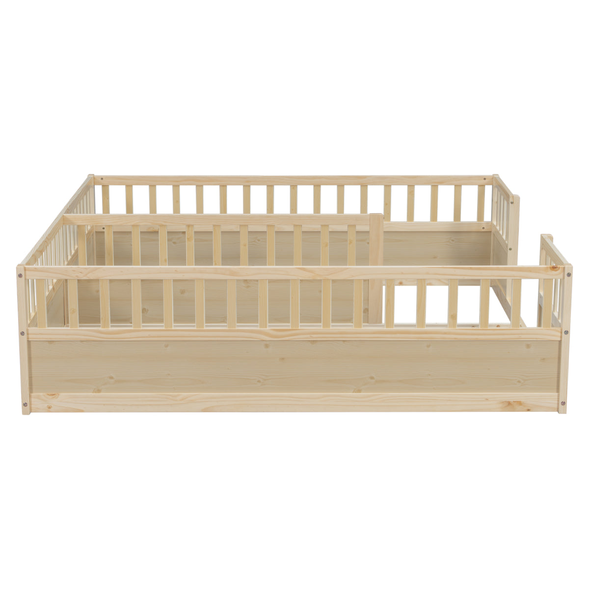 A light natural wood toddler playpen with integrated safety rails, shown from a front-three-quarters angle on a solid white background.