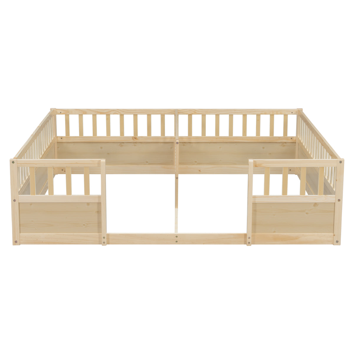 A light natural wood playpen with integrated safety rails and solid lower panels, shown from a front-facing perspective on a solid white background.