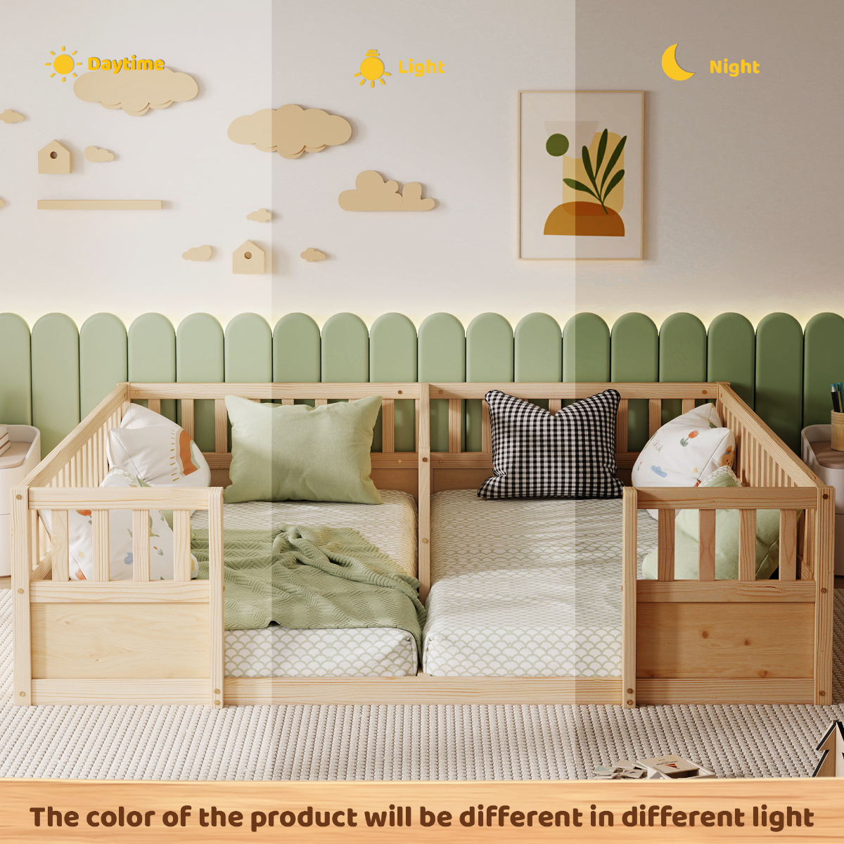 A light natural wood twin bed with built-in guard rails and two attached single beds, styled in a children's bedroom with green wall panels, pillows, and a striped rug. A translucent vertical overlay shows daytime and nighttime lighting effects, with text at the bottom stating the product color will be different in different light.