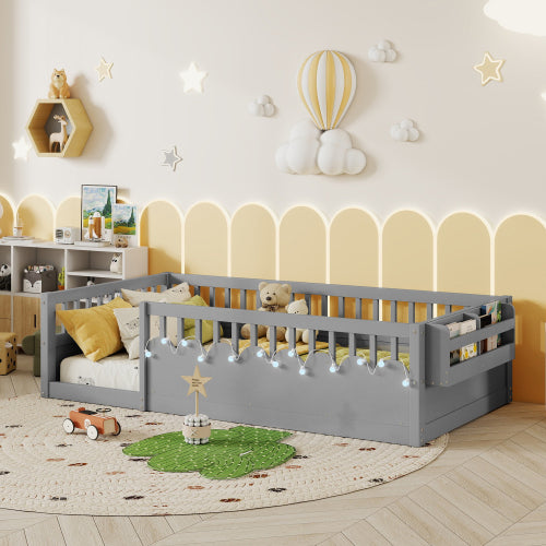 Montessori Floor Bed with Rails, LED Light & Storage Shelf