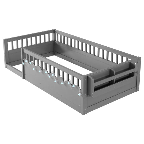 Montessori Floor Bed with Rails, LED Light & Storage Shelf