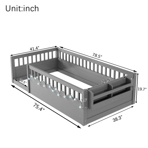 Montessori Floor Bed with Rails, LED Light & Storage Shelf