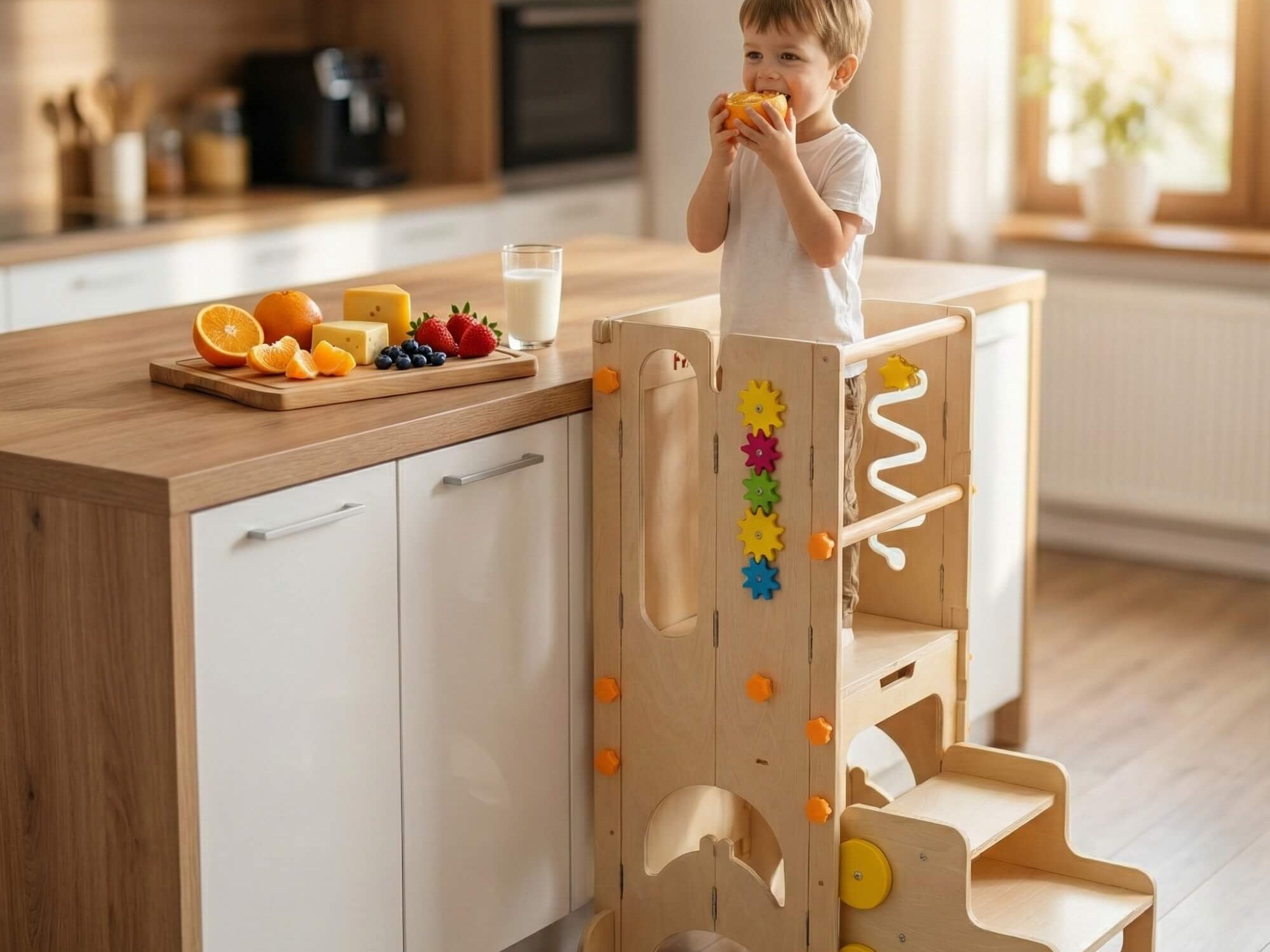 A young toddler safely stands in a white wooden kitchen helper stool, watching their mother cook at the stovetop in a home kitchen
