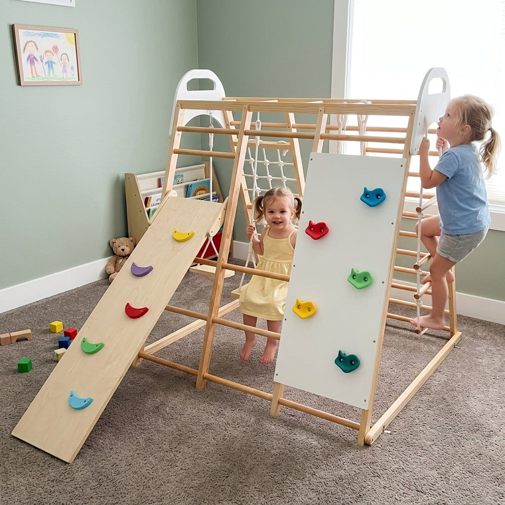 Montessori Wooden Indoor Jungle Gym with Monkey Bars with Reversible Slide and Swing
