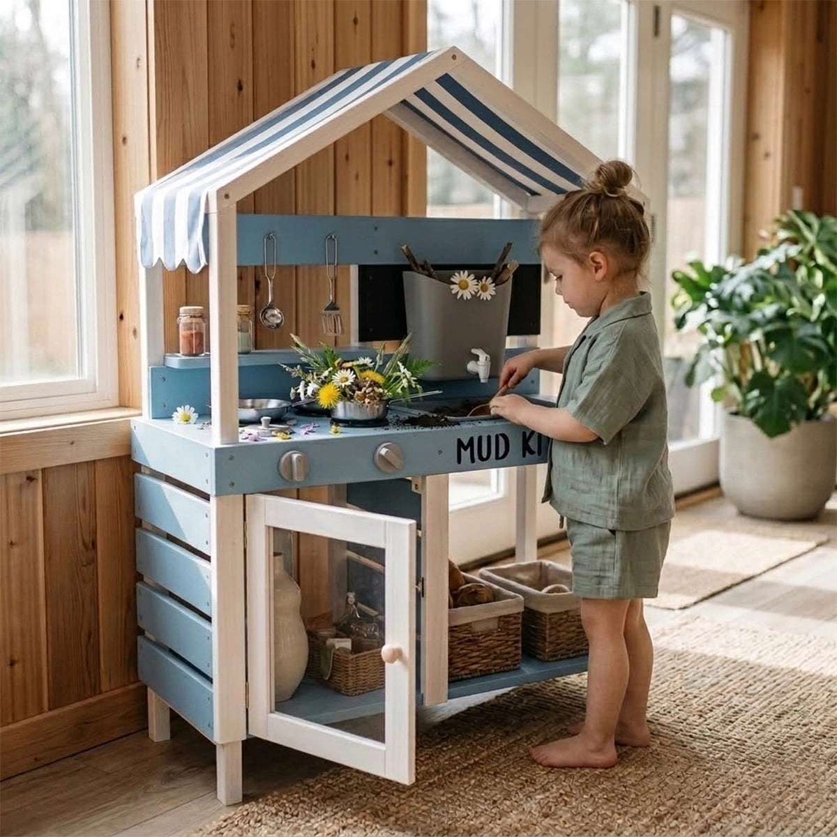 A detailed, children's size wooden mud kitchen play set painted in light blue and white, against a plain light grey background. It features a distinctive blue and white striped fabric canopy roof. The backsplash includes a black chalkboard, a grey water tank with a spigot, hanging utensils on hooks, and a small chalkboard. The white countertop, with 'MUD KITCHEN' text printed on it, holds two toy stainless steel pots on a simulated stovetop, a sink basin, and three blue control knobs. Below are a blue slatt