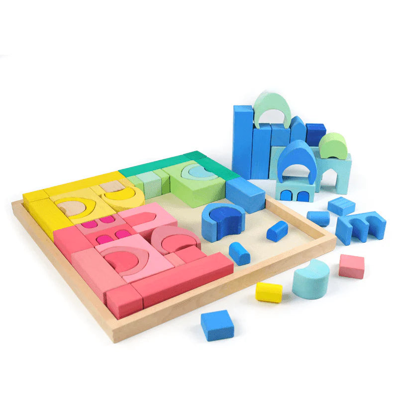 64-Piece Rainbow Wooden Castle Building Blocks Set
