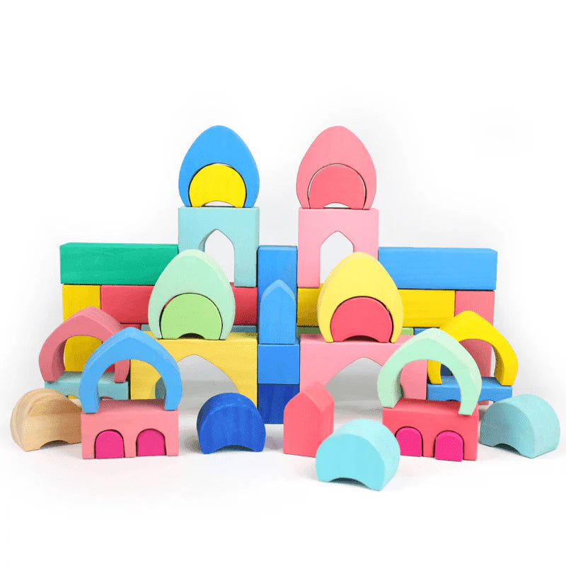 64-Piece Rainbow Wooden Castle Building Blocks Set