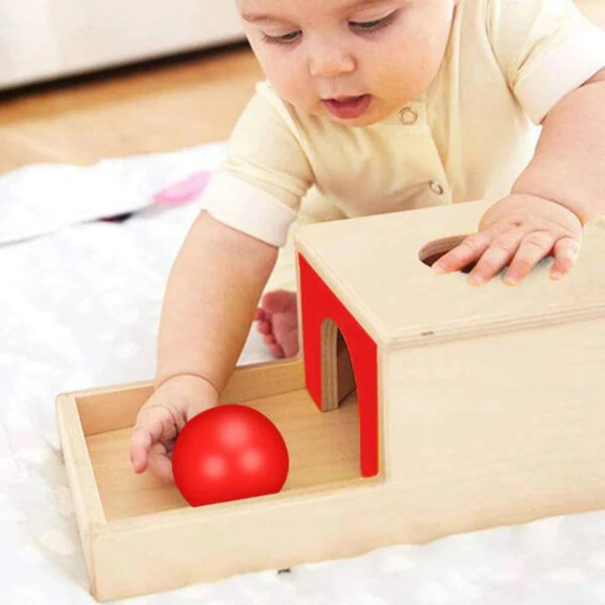 Wooden Object Permanence Box with Ball and Tray