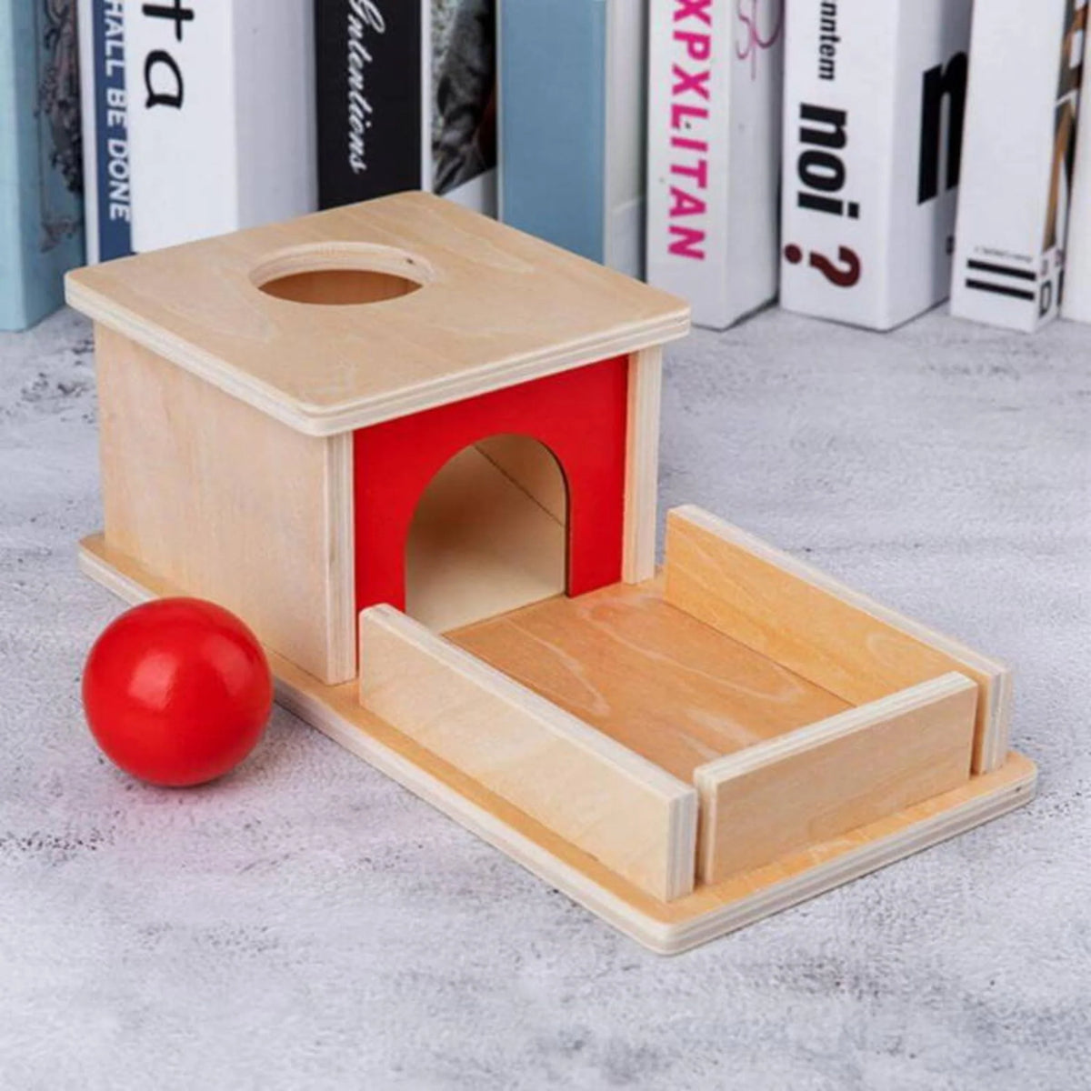 Wooden Object Permanence Box with Ball and Tray