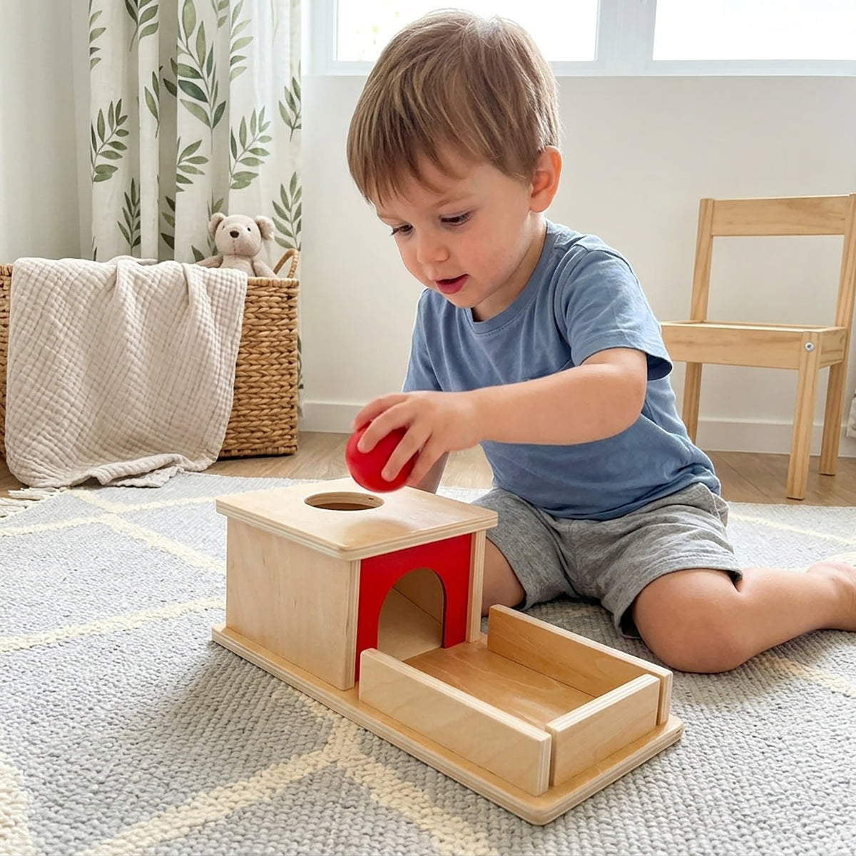 Wooden Object Permanence Box with Ball and Tray