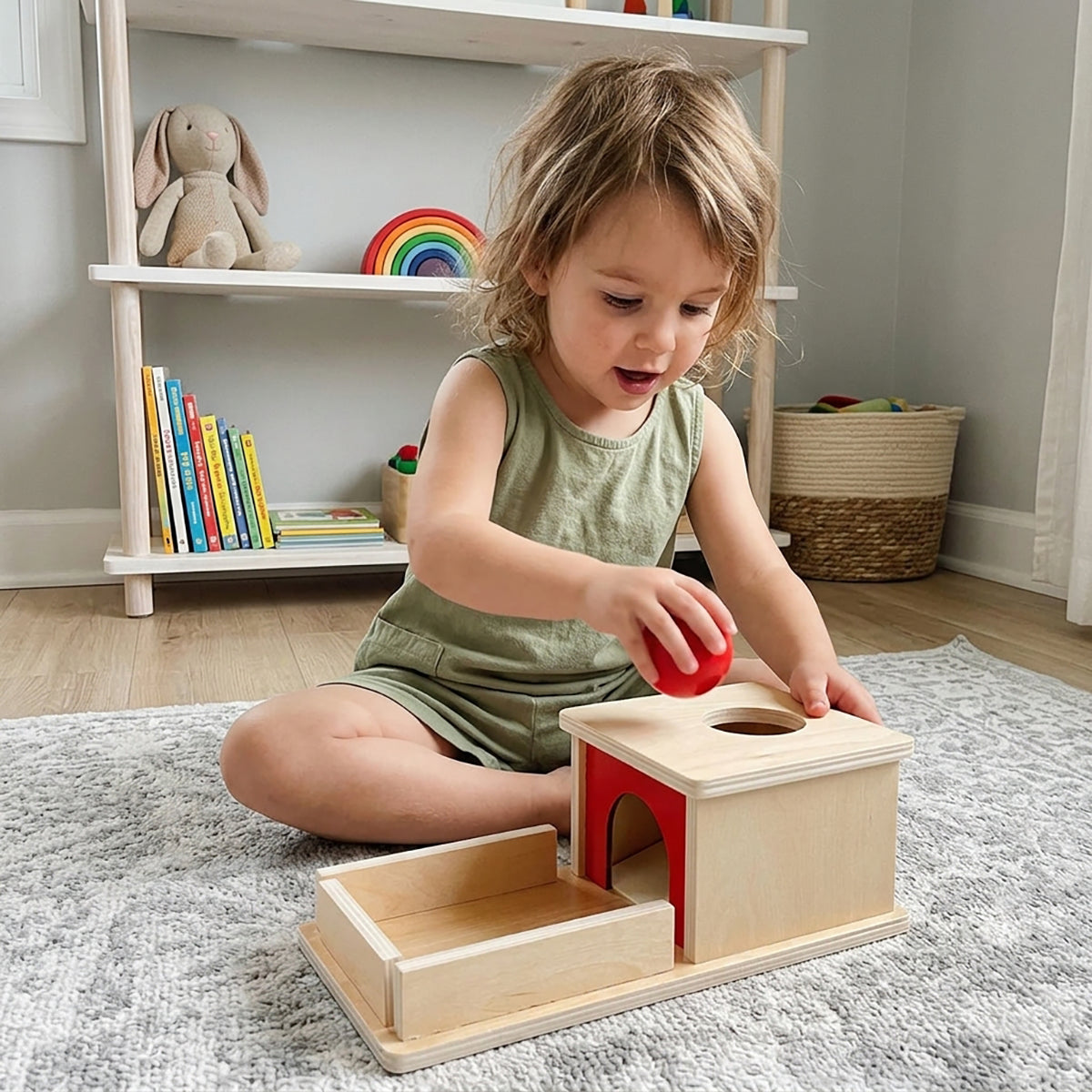 Wooden Object Permanence Box with Ball and Tray