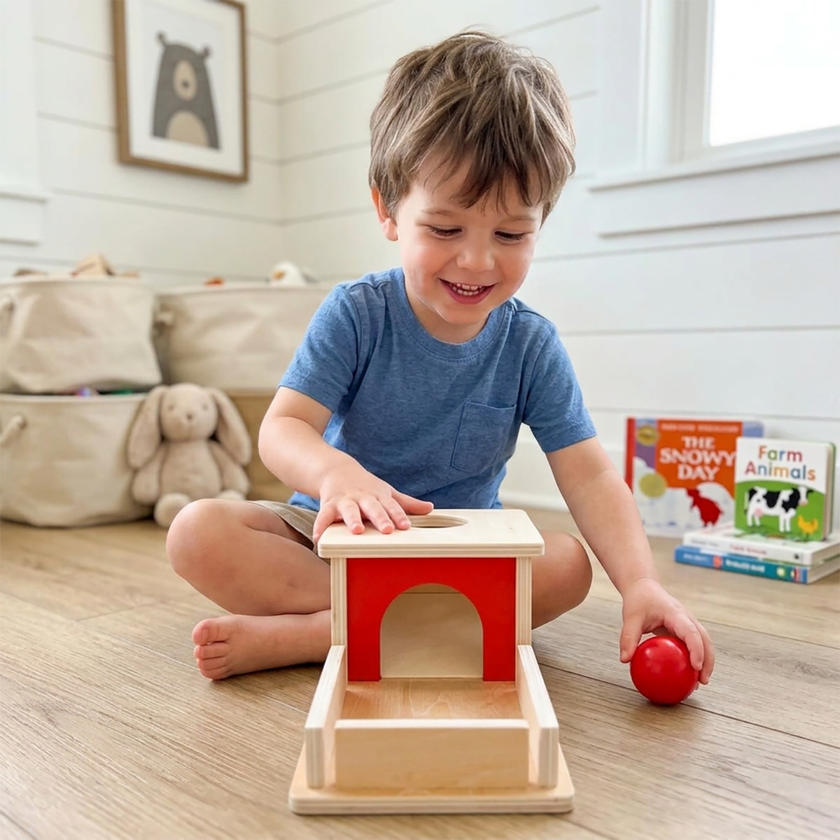 Wooden Object Permanence Box with Ball and Tray