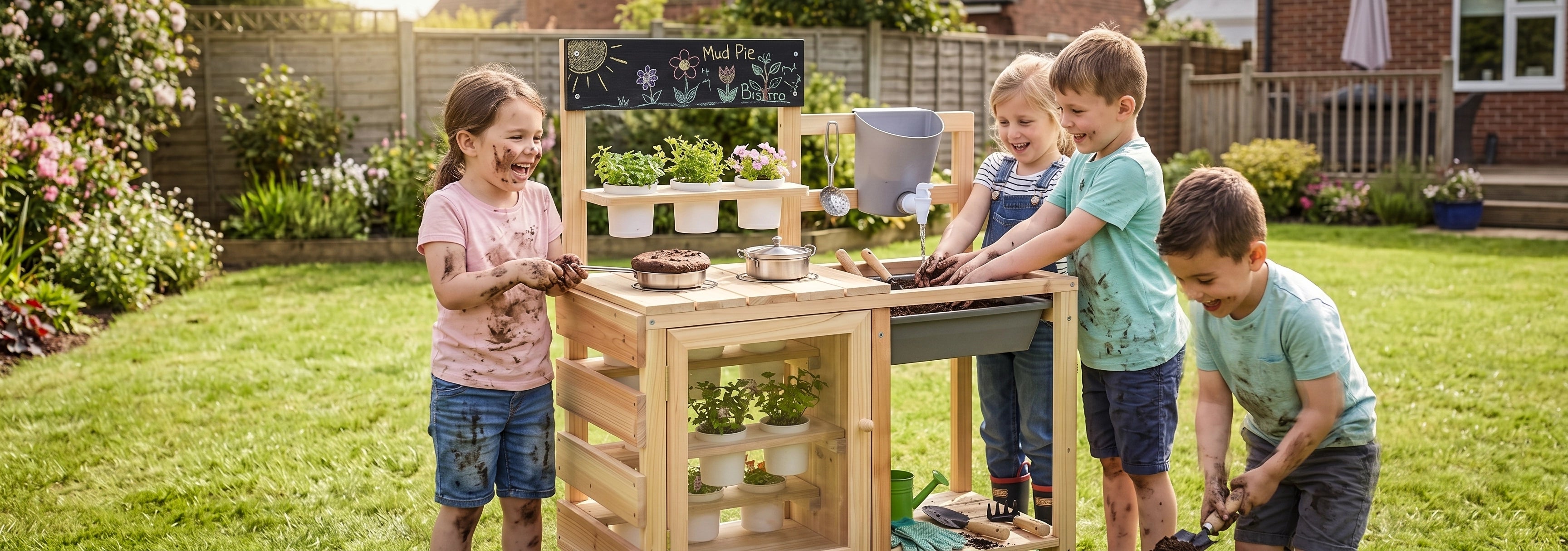 Four happy American children playing together with a wooden outdoor mud kitchen playset in a sunny suburban backyard during summer, laughing with mud-stained clothes and faces.