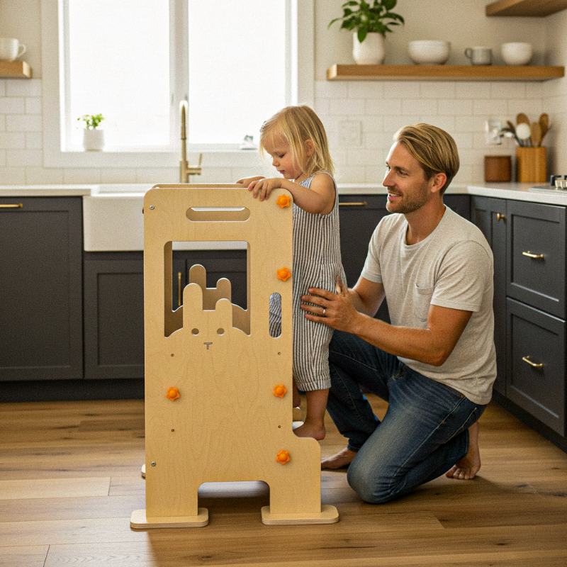 "A father assists his toddler climbing into a natural wood kitchen learning tower featuring a cute rabbit cutout design and adjustable height knobs."