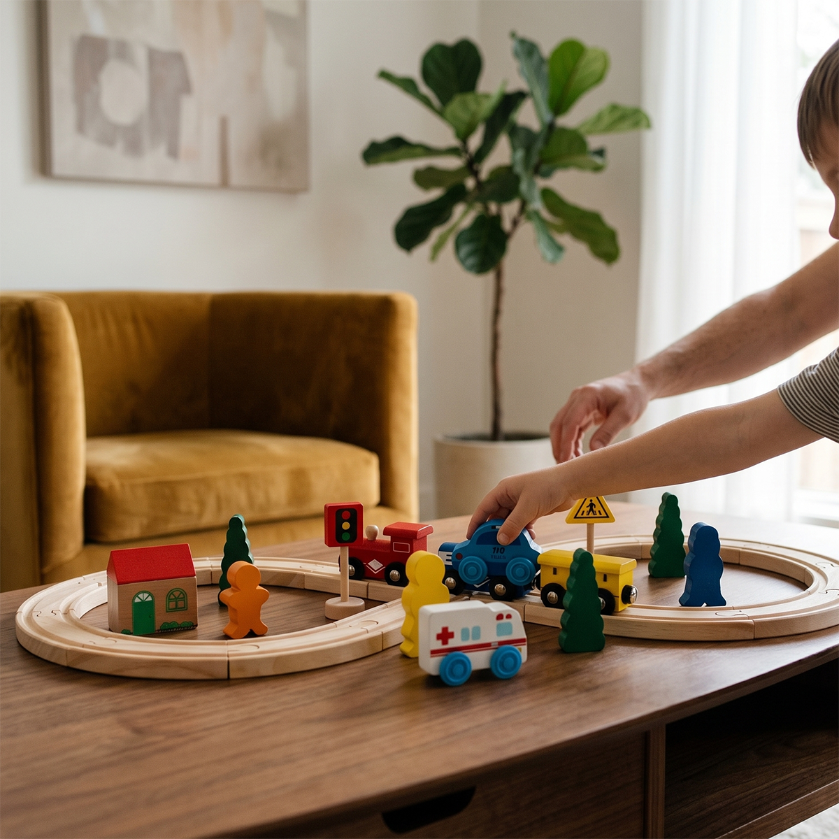 Parent guiding child to build wooden train railway on table, educational parent-child interaction