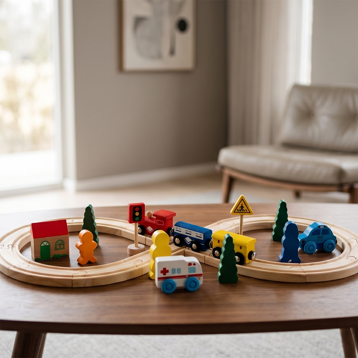 Wooden railway train set full layout on table in natural light with house and tree accessories