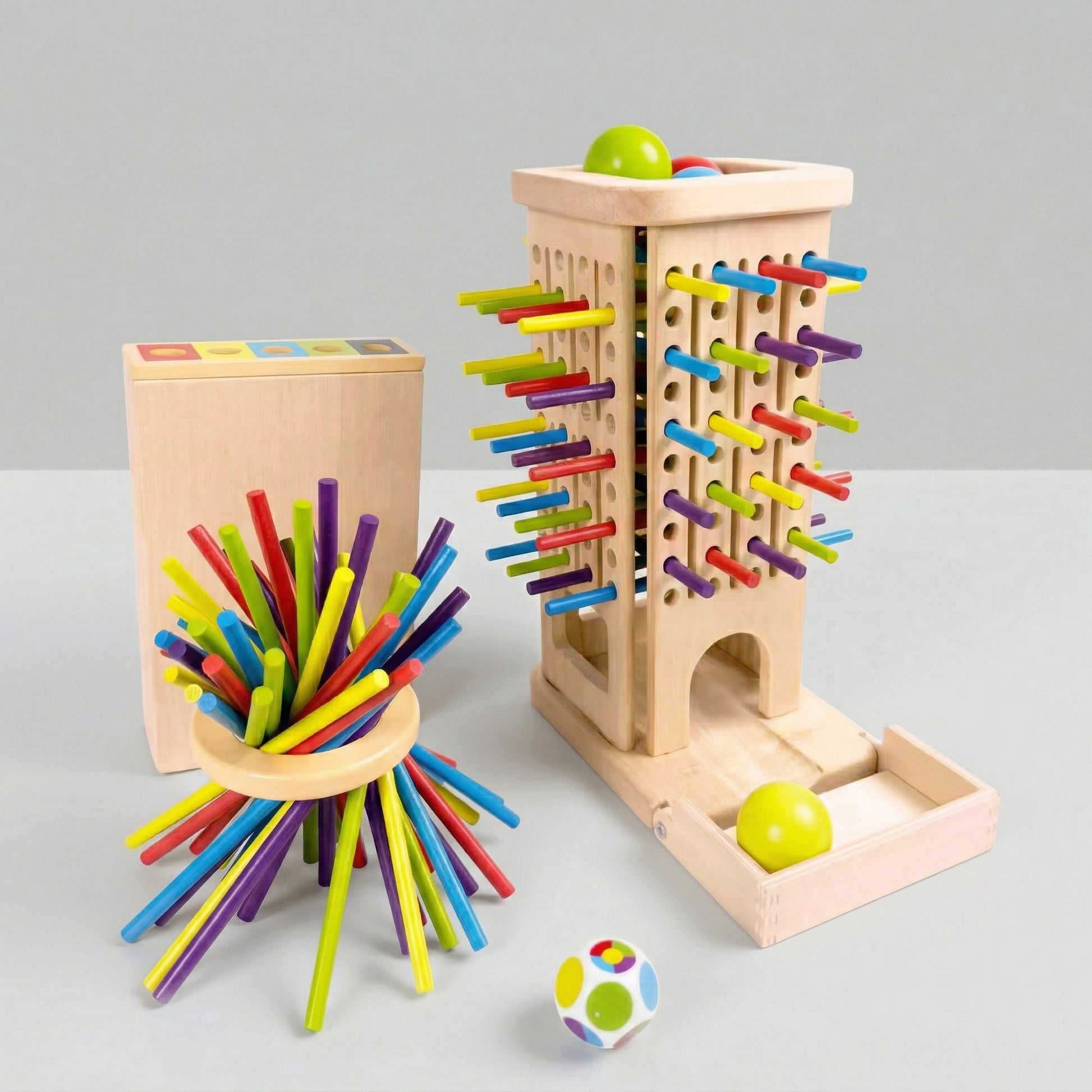 A vibrant wooden sorting and stacking toy featuring colorful rings and pegs, displayed clearly against a solid plain background.