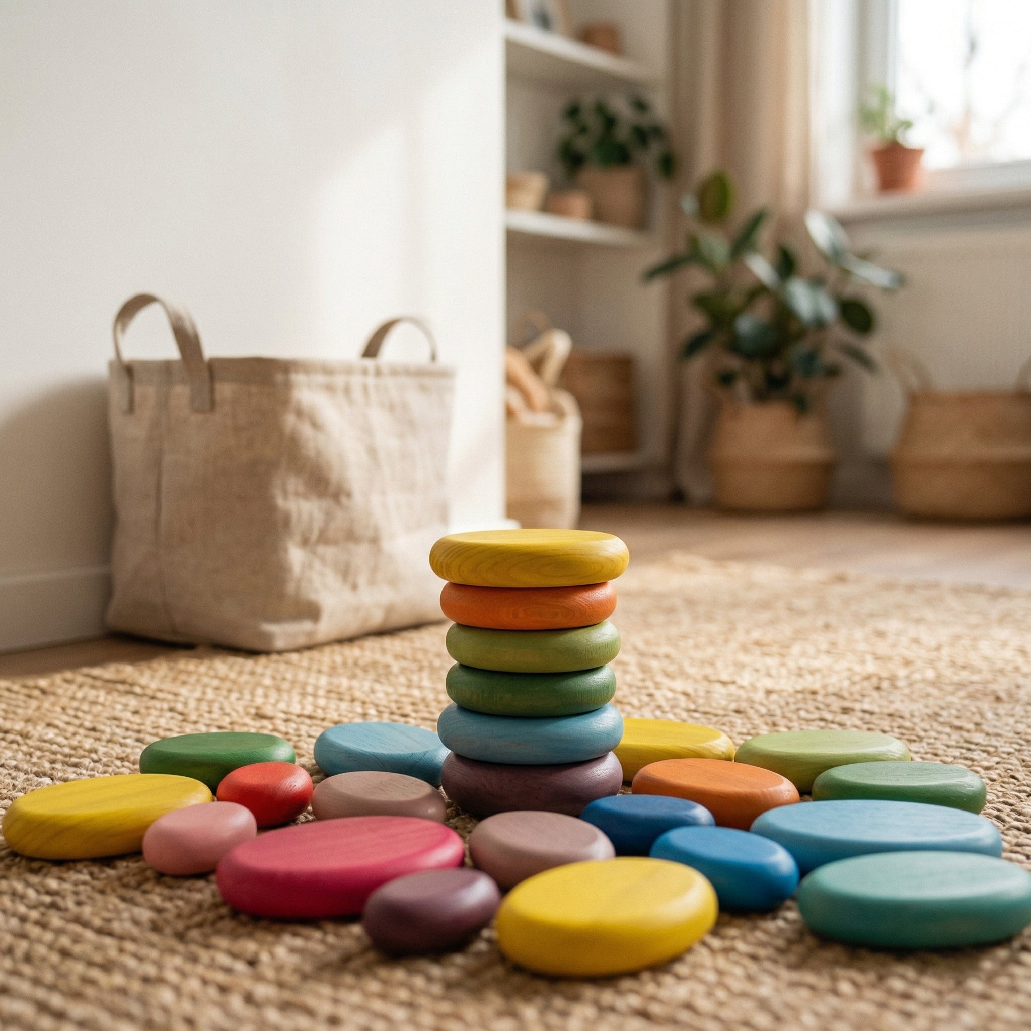 Colorful wooden balancing pebbles stacked in a neat vertical tower on a textured woven rug. The tower is surrounded by scattered wooden stones, set inside a sunny, modern nursery room with plants and baskets in the softly blurred background.