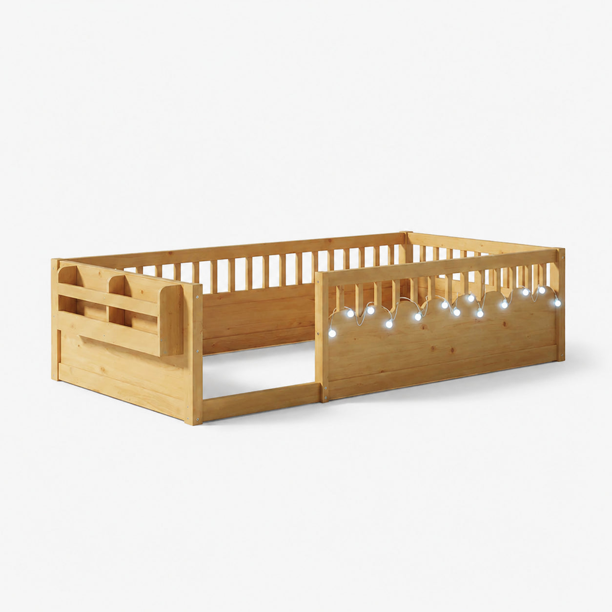 Montessori Floor Bed with Rails, LED Light & Storage Shelf