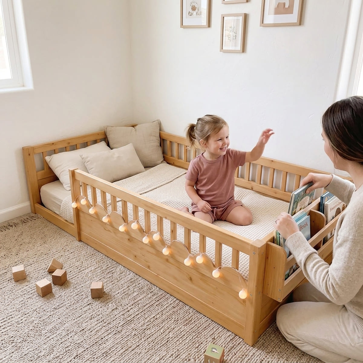 Montessori Floor Bed with Rails, LED Light & Storage Shelf