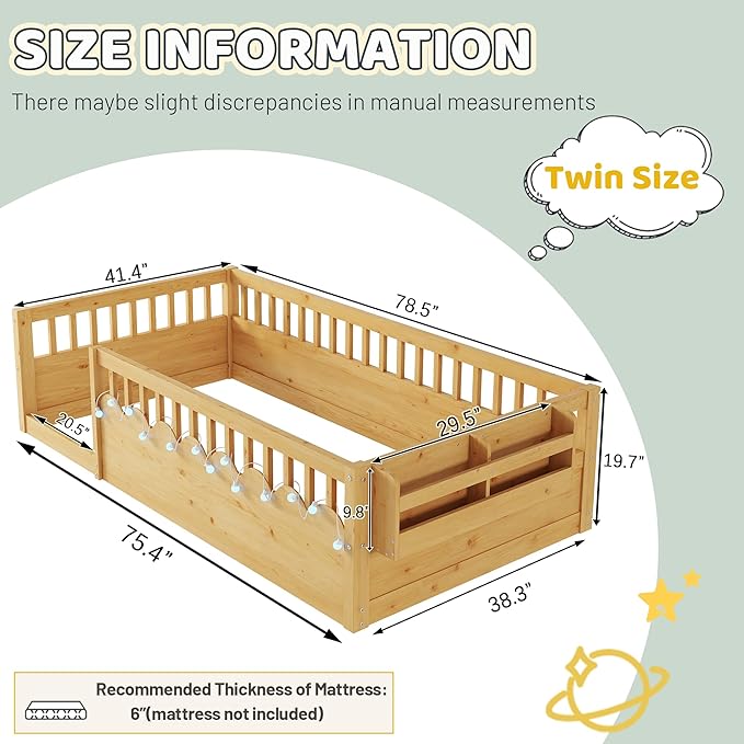Montessori Floor Bed with Rails, LED Light & Storage Shelf