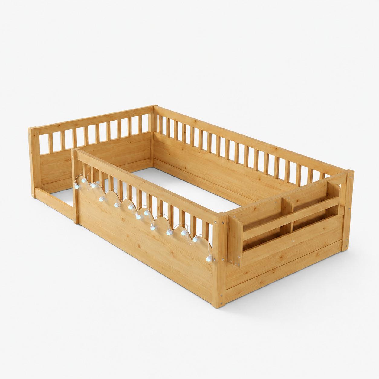 Montessori Floor Bed with Rails, LED Light & Storage Shelf