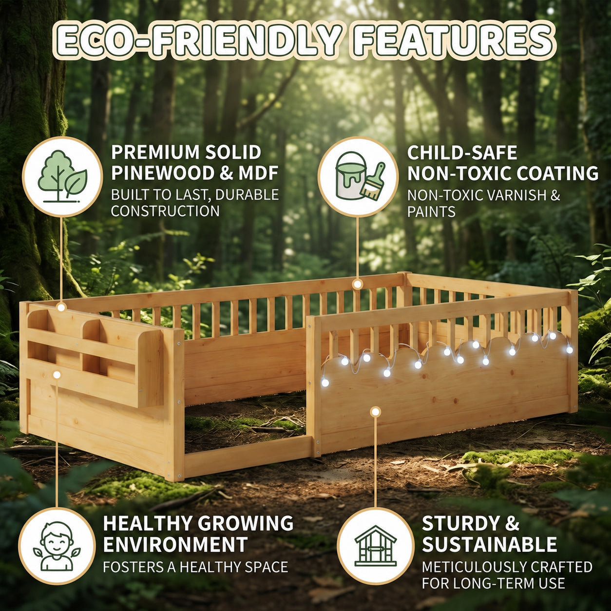 Montessori Floor Bed with Rails, LED Light & Storage Shelf