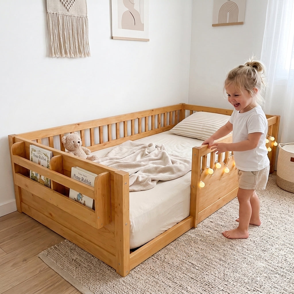 Montessori Floor Bed with Rails, LED Light & Storage Shelf