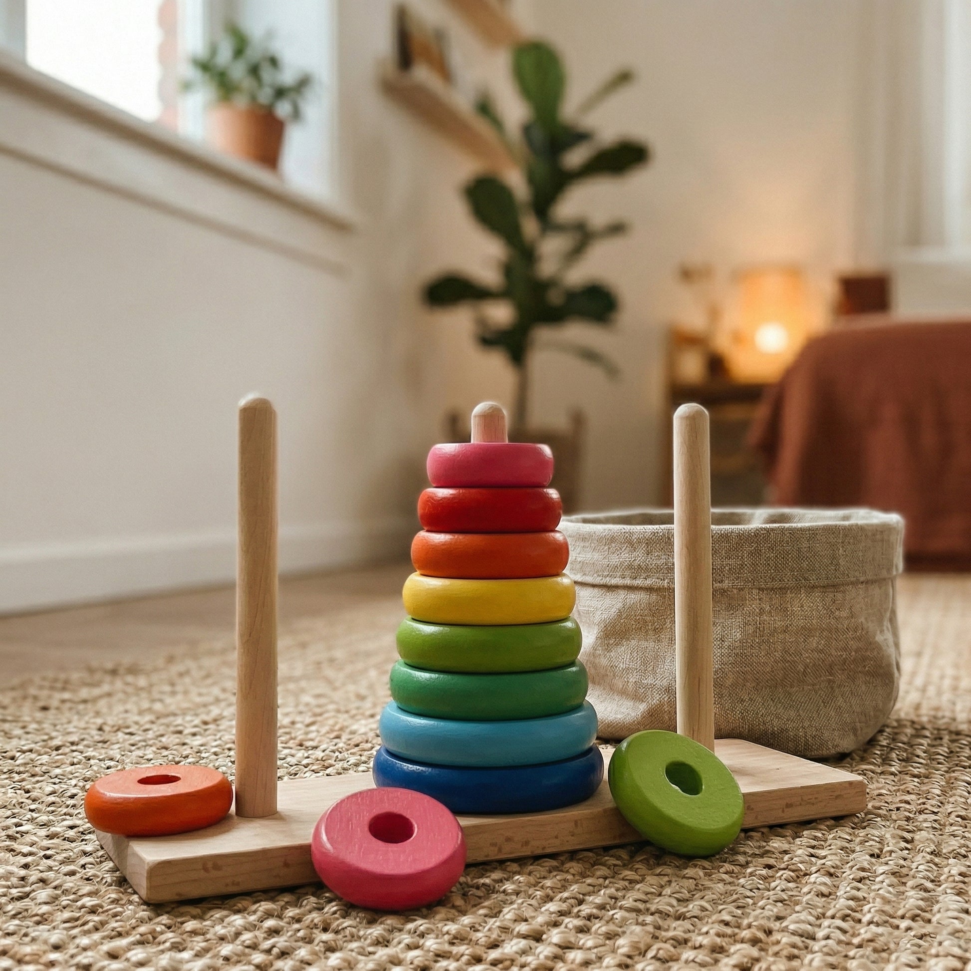 A classic wooden Tower of Hanoi puzzle featuring vibrant, colorful stacking rings on the center peg. The toy rests on a textured woven rug inside a cozy, modern nursery, with a blurred background showing a potted plant and natural sunlight.