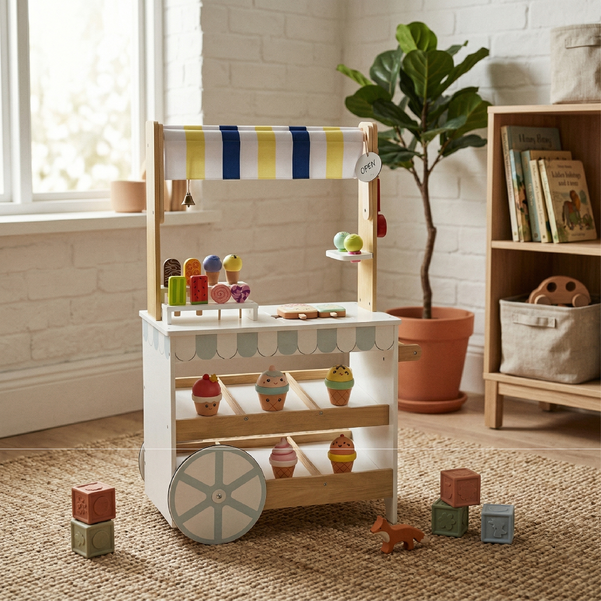 A studio product shot of a freestanding wooden 2-in-1 ice cream cart and grocery store playset for kids on a plain white background. It features a convertible white and wood design, a folding awning with 'ICECREAM & GROCERY STORE' signage, two rear wheels, and multiple pretend play accessories like simulation food bottles, fruits, and ice cream on its countertop.