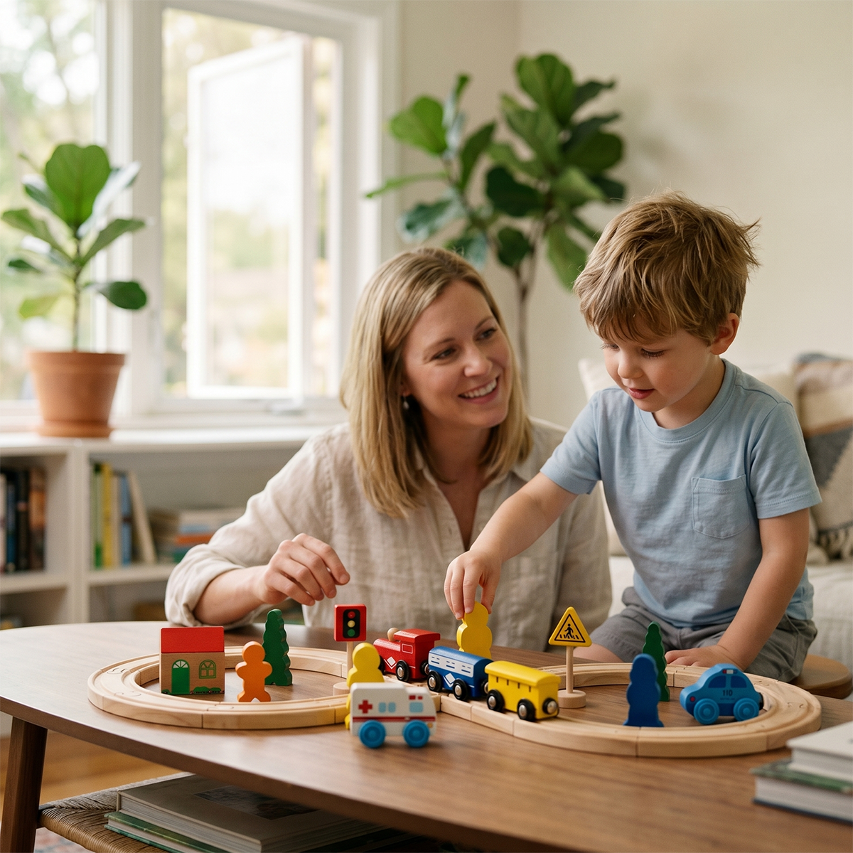 Two kids playing wooden train track set together at table, sibling cooperative play scene