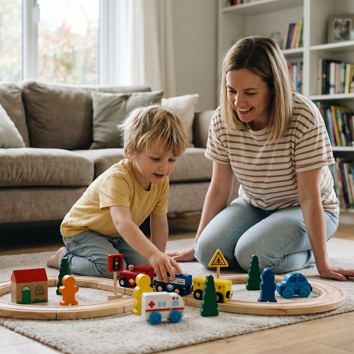 Mom and child playing colorful wooden train track set together on living room carpet